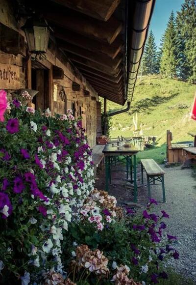 Brentenjochalm Wandern Einkehr  Terrasse Nazurerlebnis Kaisergebirge Alm Hütte