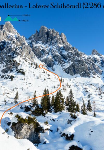 Ballerina - Übersichtsbild im Märchenkar und weiter auf das Loferer Schihörndl