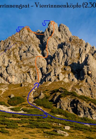Topo Vierrinnengrat - Übersichtsbild Klettertour mit Route
