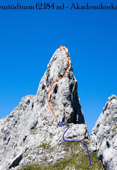 Kreuztörlturm, Akademikerkante - Übersichtsbild mit Route - Topo