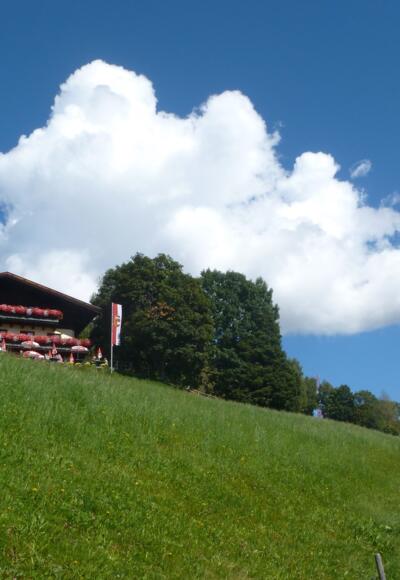 Der Mitterberghof mit seiner Aussichtsterasse ist der Zielpunkt dieser einfachen Bike-Tour.