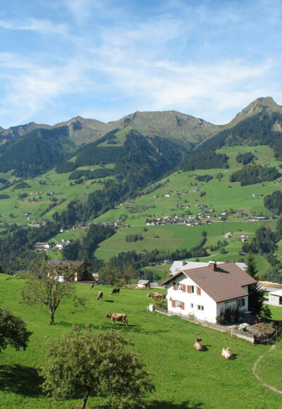 Blick von Raggal auf die Sonnenseite des Großen Walsertals mit St. Gerold und dem Walser Kamm im Hintergrund