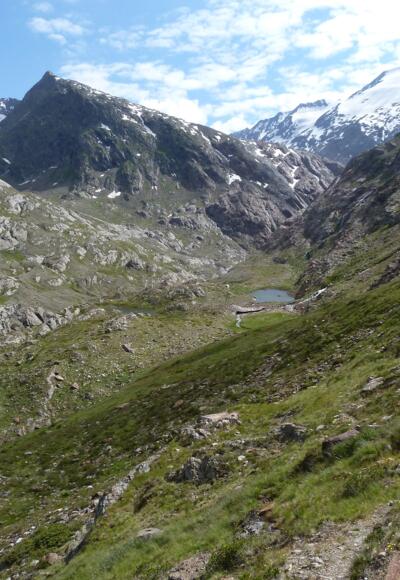 Abstieg links am See vorbei zur Brücke über die Gurgler Ache - rechts oben Langtalereckhütte