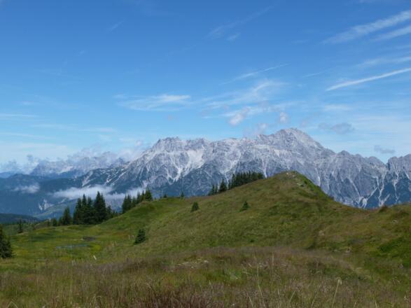 Entlang des Kammes zurück zum Ausgangspunkt. Immer im Blick: Die Leoganger Steinberge mit dem Birnhorn (2634m)