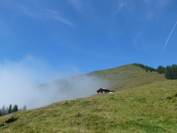 Die Gipfelflanke der Sausteige - die letzten Nebelfetzten weichen dem strahlend Blauen Julihimmel