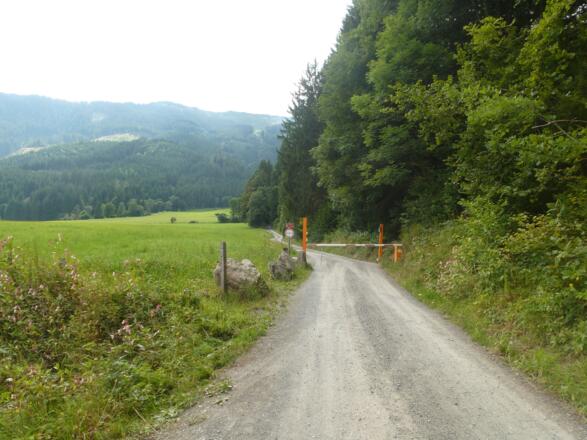 Hinter dem Schranken beginnt die Auffahrt zur Örgenbauernalm 