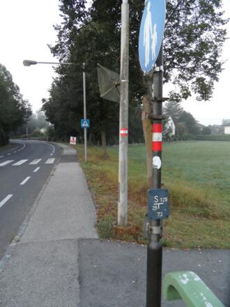 Bei diesem Wegweiser nicht dem Pfeil nach rechts folgen, sondern geradeaus weiter wandern.