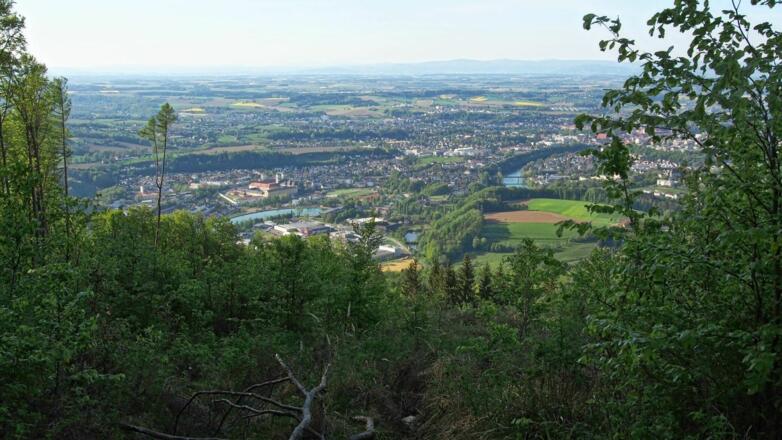 Ausblick nahe dem Windloch nach Norden ins Flachland: Garsten und Steyr