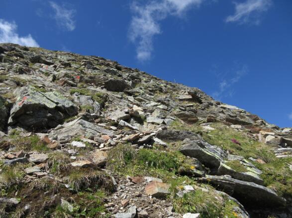 Aufstieg zum Hohen Rad mit den roten Markierungen vom letzten Wegstück