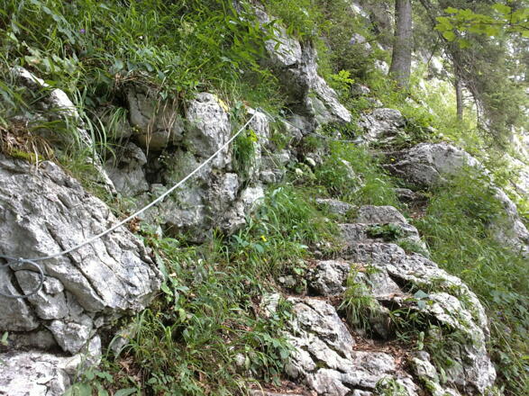 Teilweise gibt es am Naglsteig Seilsicherungen und in den Fels gehauene Stufen.