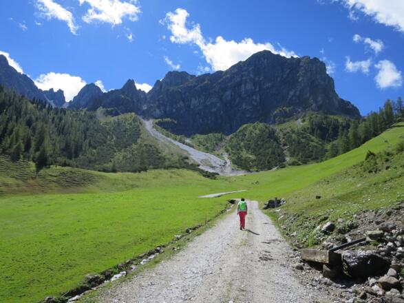 Auf der &quot;Damenabfahrt&quot;. Links der Schotterreiße unterhalb der Hörzingwand führt der Weg ins Lizumer Kar. 