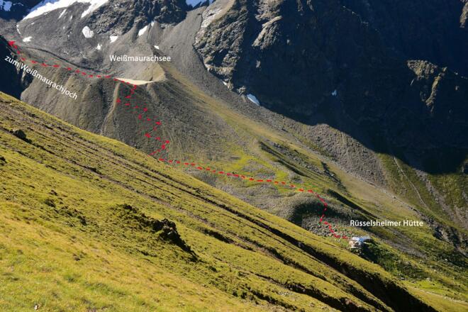 Verlauf des Aufstiegsweges von der Rüsselsheimer Hütte zum Weißmaurachsee