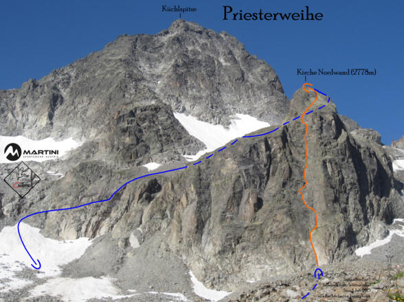 Übersichtsbild Kirche Nordwand Route und Abstieg