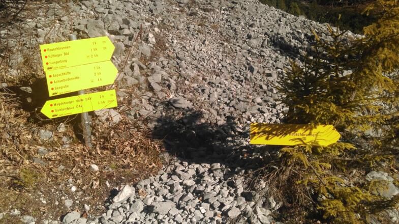 An der Weggabelung Söldensteig (rechts) und Krummer Steig (links). Über beide gelangt man zum Rauschbrunnen.