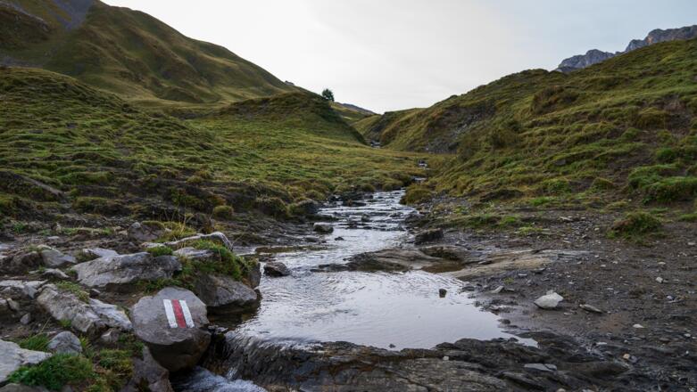Achtung! Am Bach zweigt der Wanderpfad nach rechts ab (3), die Wegemarkierung im Bachbett ist leicht zu übersehen. 