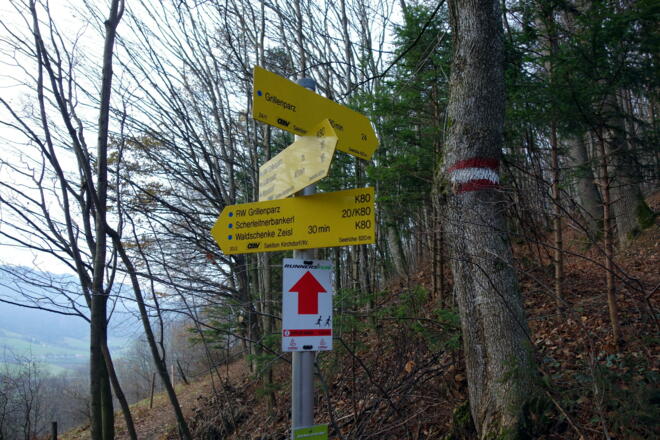 Wegtafel 620m, links ~30m zum Scherleitnerbankerl