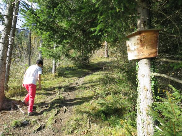Auf dieser Wandertour fehlen die bekannten gelben Wegschilder. Diese Holztafel ist der einzige Hinweis auf die Buchtalerhütte.