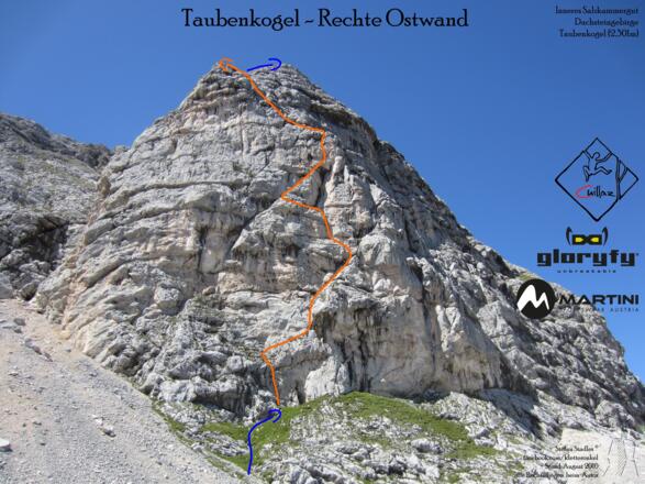 Rechte Ostwand am Taubenkogel - Route in Foto , Topo