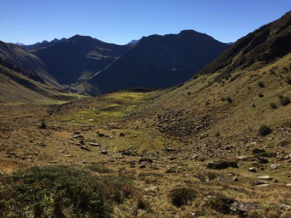 Abstieg vom Steinermandl hinab nach Süden. Der Wege führt komplett durch die Bildmitte an den Steinblöcken entlang bis zu einem kleinen Sattel. Von dort spärtlich markiert bis zum Wirtschaftsweg.