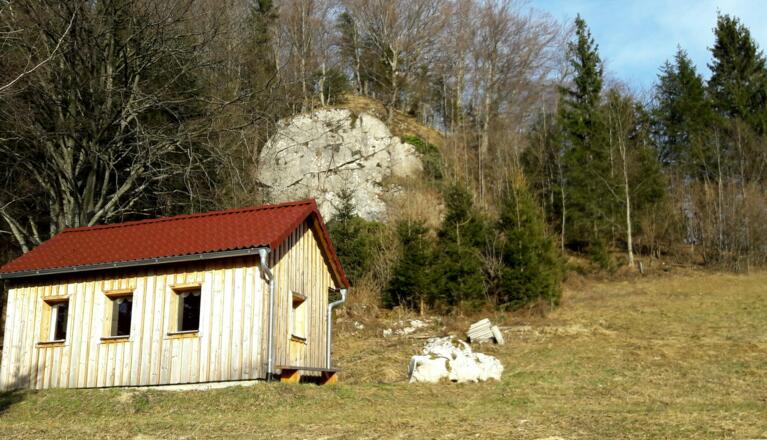 Einstieg zum Schafkogel rechts des Felsens um 700m