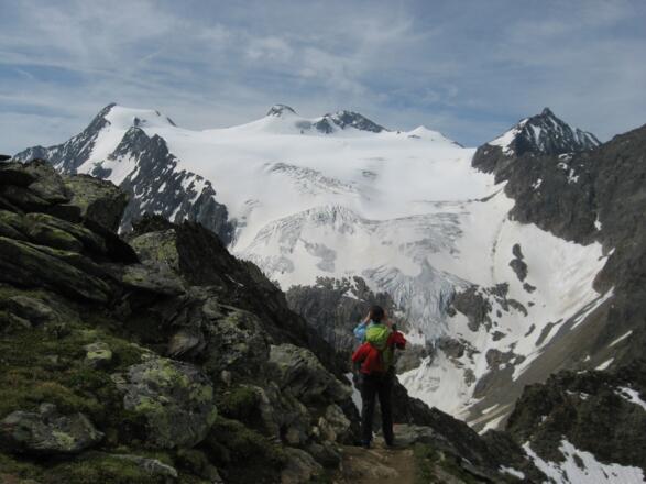Abstieg vom Gipfel Richtung Dresdnerhütte, im Hintergrund Wilder Pfaff, Zuckerhütl und Aperer Freiger.
