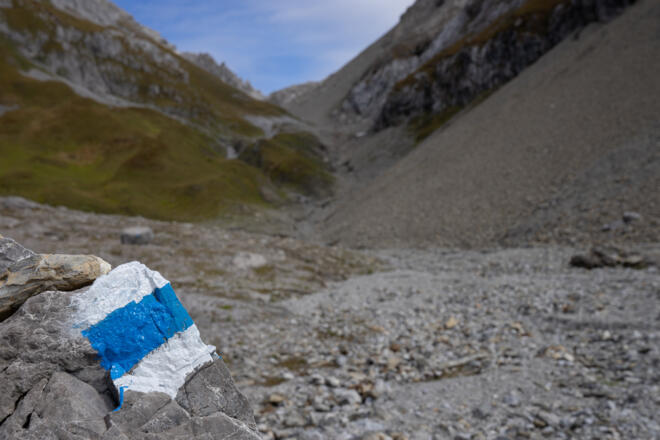 Der Weg verliert sich immer wieder. Die weiß-blau-weißen Markierungen weisen die richtige Richtung. (8)