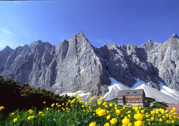 Die Falkenhütte vor der Herzogkante und den Lalidererwänden