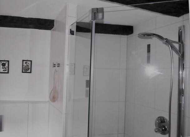 Fünfeckdusche mit Sitzgelegenheit - Boden höhengleich, Antirutschbeschichtung - WC: Haltegriff in Reichweite