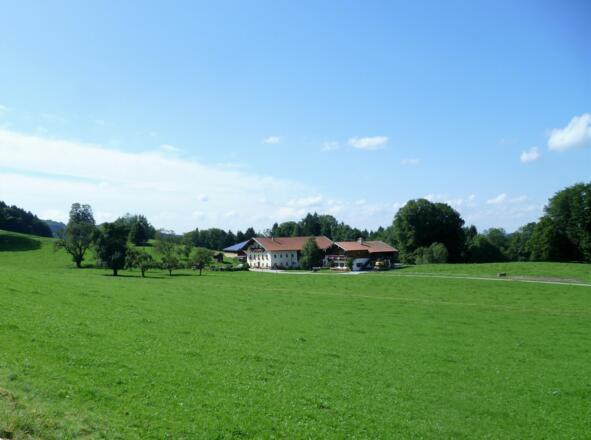 Der Hof umgeben von Wiesen und Weiden