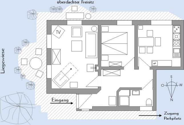 Grundriss Ferienwohnung Weiß-Blau