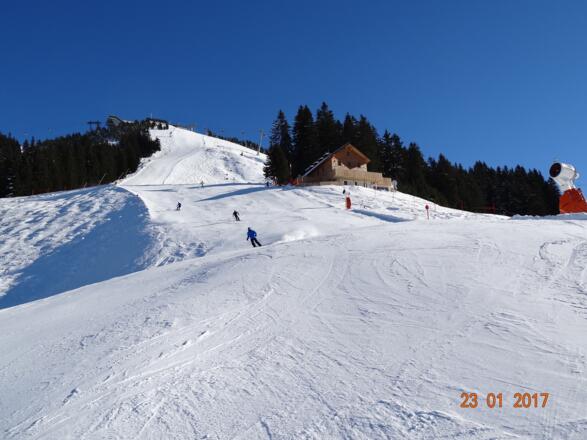 eine Skipiste führt direkt an der Hütte vorbei