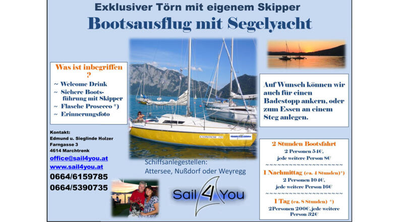 Sail4You Bootsausflug mit Kajütsegelboot am Attersee