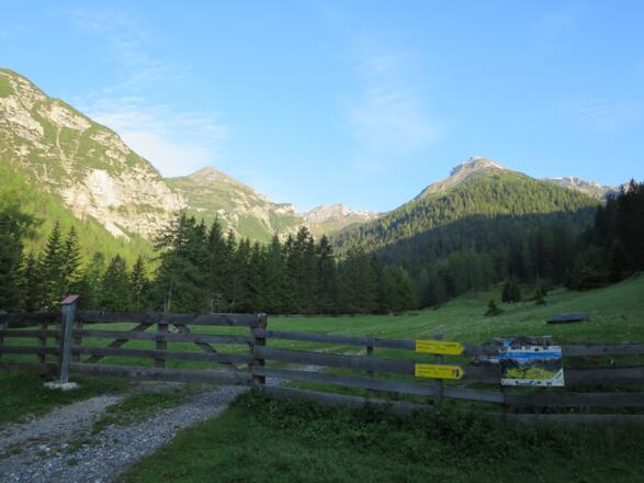 Rechts die Forststraße zum Padasterjochhaus wir gehen durch das Gatter und folgen der Wegmarkierung 122.