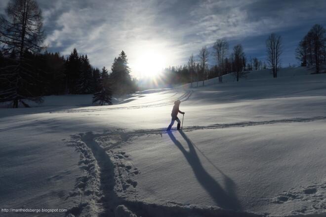 Vor uns gingen zwei Schneeschuhwanderer, darum war super gespurt