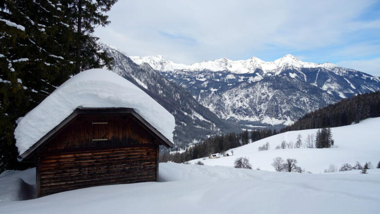 Hütte am Pistenrand um 980m mit Prielkamm