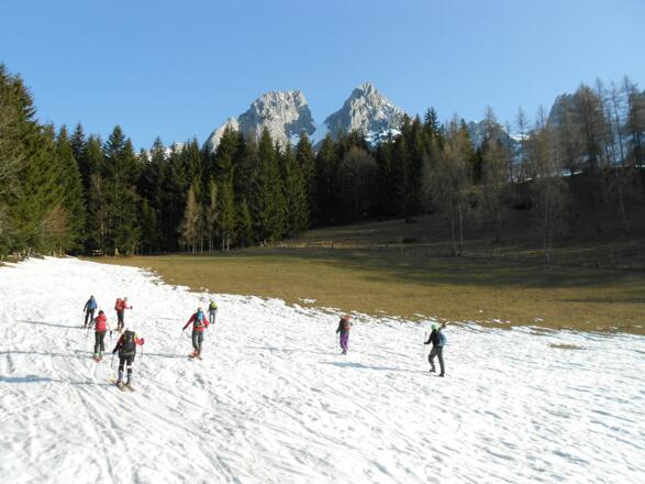 Kurz oberhalb des Parkplatzes, nur am Waldrand noch Schnee