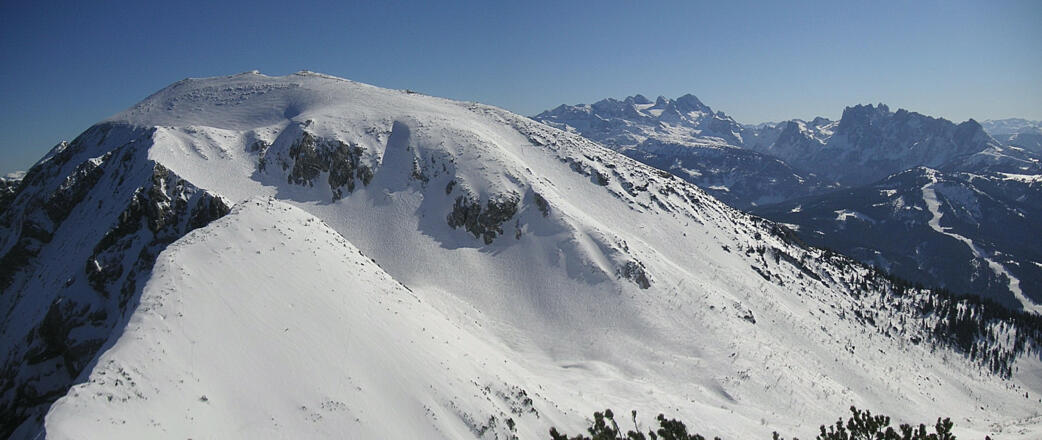vielbesuchtes Gamsfeld, dahinter Dachstein/Gosaukamm