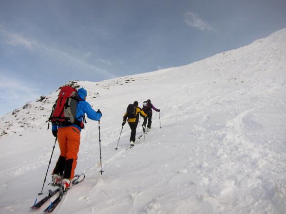 Durch eine flache Mulde ca. 100 Hm unterhalb des Gipfels und dann nach links zum Nordgrat queren.