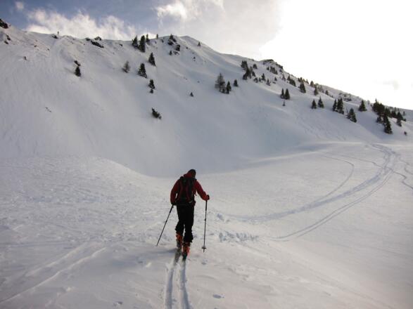 Der Gipfelhang bietet im rechten Bereich (Spuren sichtbar) eine Anstiegsmöglichkeit. Die sehr steilen Hänge links sollten gemieden werden.