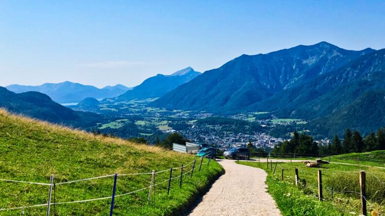 Weg zur Hoisnrad Alm mit Blick zum Wolfgangsee und im Hintergrund der Schafberg