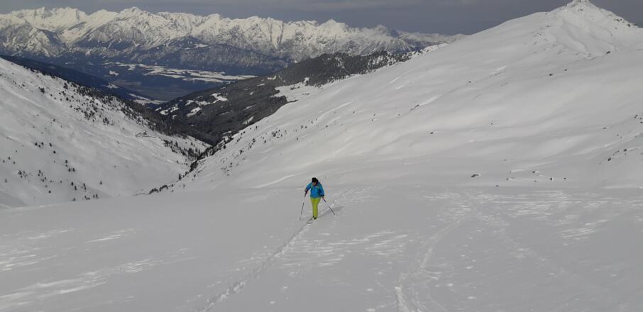In Kammnähe, unten die Nurpensalm, ganz hinten das Karwendelgebirge, ganz rechts der Pfaffenbichl.
