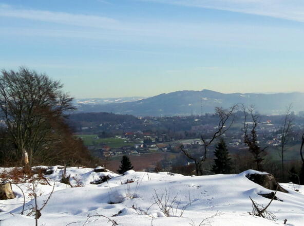 Blick über Linz zum Pfenningberg (~490m)
