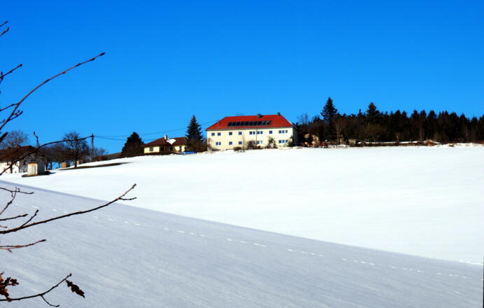 Hof, dort Straße (~695m) queren
