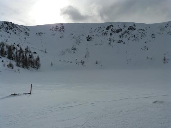 Der Stab kennzeichnet die Uferlinie des Laußnitzsees.