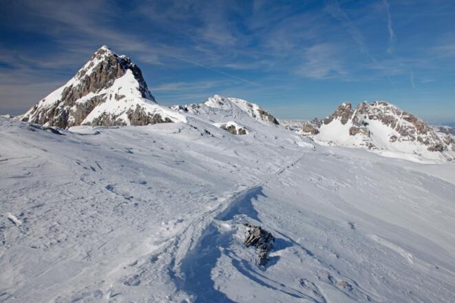 Zieleinlauf: Blick vom Gipfelrücken des Kl. Mosermandls auf Gr. Mosermandl (links), Windischkopf (Mitte) &amp; Faulkogel (rechts)