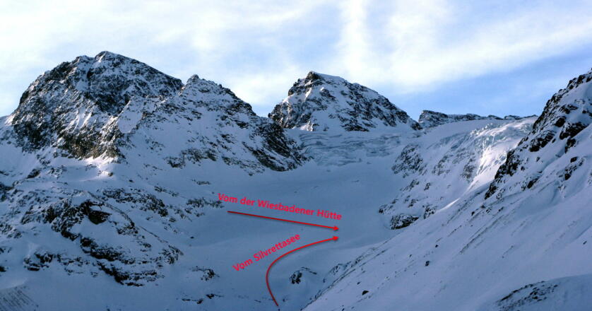 Auf ca. 2600m treffen die Wege von der Wiebadener Hütte und unserer direkter vom Silvretta See zusammen!