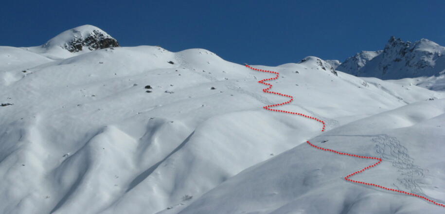 Nach der Tour nochmals ein Blick auf die Aufstiegspur (rot) im unteren Bereich mit den Abfahrtsspuren!