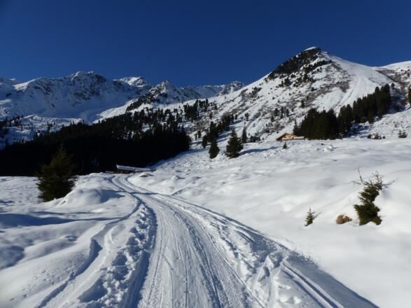 Die Almindalm bereits in Sichtweite. Bei der unteren Hütte zweigen wir linkerhand ab.