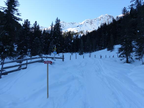 Nach der Almindalm folgen wir der Skitourenlenkung und den Wegtafeln entlang des Almindbaches.