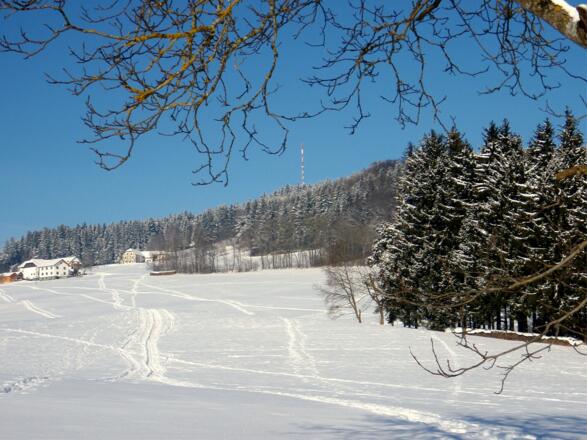 Rückblick vom Gis-Parkplatz 950 m zum Giselahaus und Sender.